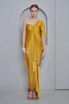 NAINA SETH_Yellow Stretch Knit Embellished Pearl One Shoulder Pleated Gown _Online_at_Aza_Fashions