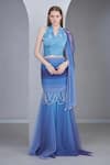 Buy_NAINA SETH_Blue Satin Silk And Tulle Embellished Pearl Halter Top With Ombre Mermaid Skirt _at_Aza_Fashions