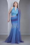 NAINA SETH_Blue Satin Silk And Tulle Embellished Pearl Halter Top With Ombre Mermaid Skirt _Online_at_Aza_Fashions