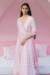 Shop_PUNIT BALANA_Pink Chanderi Silk Printed Floral V The Pakeezah Prinr Angarkha Set _Online_at_Aza_Fashions
