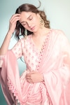 PUNIT BALANA_Pink Chanderi Silk Printed Floral V The Pakeezah Prinr Angarkha Set _Online