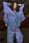 Dash And Dot_Multi Color Viscose Embroidery V-neck Checkered Print Boxy Shirt And Pant Set _at_Aza_Fashions