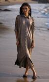Buy_Dash And Dot_Brown Polyester Glitter Collared Shimmering Cutout Sleeve Shirt Dress _at_Aza_Fashions