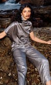 Dash and Dot_Grey 100% Polyester Plain Metallic Shimmer Lame Draped Top And Pant Set  _Online_at_Aza_Fashions