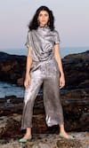 Buy_Dash and Dot_Grey 100% Polyester Plain Metallic Shimmer Lame Draped Top And Pant Set  _Online_at_Aza_Fashions