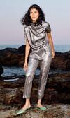 Shop_Dash and Dot_Grey 100% Polyester Plain Metallic Shimmer Lame Draped Top And Pant Set  _Online_at_Aza_Fashions