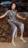 Dash and Dot_Grey 100% Polyester Plain Metallic Shimmer Lame Draped Top And Pant Set  _at_Aza_Fashions