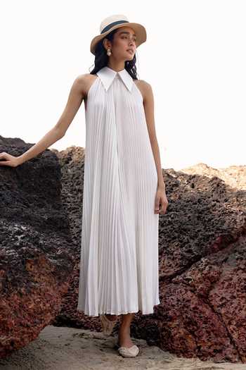 Buy_Dash And Dot_White Polyester Collared Pleated Midi Dress _at_Aza_Fashions