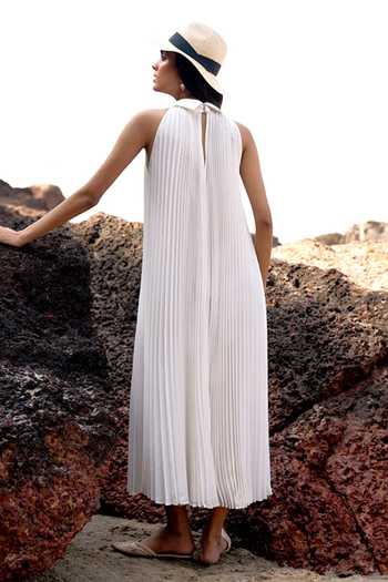 Shop_Dash And Dot_White Polyester Collared Pleated Midi Dress _at_Aza_Fashions