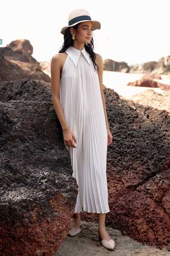 Shop_Dash And Dot_White Polyester Collared Pleated Midi Dress _Online_at_Aza_Fashions