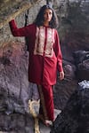 Buy_Dash and Dot_Red 80% Viscose Embroidered Floral Band Collar Long Shirt And Pant Set _at_Aza_Fashions