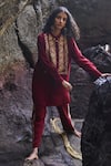 Dash and Dot_Red 80% Viscose Embroidered Floral Band Collar Long Shirt And Pant Set _Online_at_Aza_Fashions