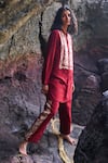 Buy_Dash and Dot_Red 80% Viscose Embroidered Floral Band Collar Long Shirt And Pant Set _Online_at_Aza_Fashions