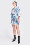 Shahin Mannan_Blue Thin Denim Embroidery Patchwork V Neck Inkpot Jacket Dress _Online_at_Aza_Fashions