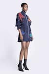 Buy_Shahin Mannan_Blue Gabardine Embroidery Thread High Neck Butterfly Splashes Jacket Dress _Online_at_Aza_Fashions