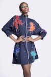 Shop_Shahin Mannan_Blue Gabardine Embroidery Thread High Neck Butterfly Splashes Jacket Dress _Online_at_Aza_Fashions