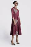 Buy_Shahin Mannan_Wine Double Crepe Embroidery Thread V Neck Butterfly Splashes Dress _Online_at_Aza_Fashions