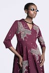 Shop_Shahin Mannan_Wine Double Crepe Embroidery Thread V Neck Butterfly Splashes Dress _Online_at_Aza_Fashions