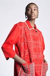 Shahin Mannan_Red Double Crepe Embroidery Distorted Checks Jacket And Circular Skirt Set _at_Aza_Fashions