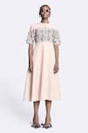 Buy_Shahin Mannan_Beige Japanese Crepe Embroidery Abstract Rose Round Neck Dress _at_Aza_Fashions