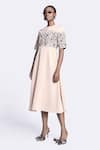 Shahin Mannan_Beige Japanese Crepe Embroidery Abstract Rose Round Neck Dress _Online_at_Aza_Fashions