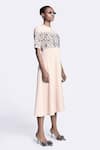 Buy_Shahin Mannan_Beige Japanese Crepe Embroidery Abstract Rose Round Neck Dress _Online_at_Aza_Fashions