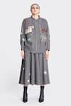 Shahin Mannan_Grey Thin Denim Embroidery Patchwork Collar Jacket And Skirt Set _Online_at_Aza_Fashions