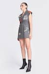 Shahin Mannan_Grey Thin Denim Embroidery Patchwork Notched Collar Telephone And Circle Dress _Online_at_Aza_Fashions