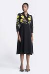 Buy_Shahin Mannan_Black Double Crepe Embroidery Lotus Shawl Collar Wrap Dress _at_Aza_Fashions