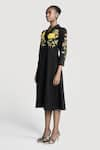 Shahin Mannan_Black Double Crepe Embroidery Lotus Shawl Collar Wrap Dress _Online_at_Aza_Fashions