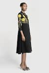 Buy_Shahin Mannan_Black Double Crepe Embroidery Lotus Shawl Collar Wrap Dress _Online_at_Aza_Fashions