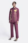 Buy_Shahin Mannan_Wine Poplin Embroidery Lotus Collar Shirt And Pant Set _Online_at_Aza_Fashions