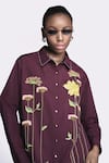 Shahin Mannan_Wine Poplin Embroidery Lotus Collar Shirt And Pant Set _at_Aza_Fashions