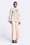 Shahin Mannan_Beige Japanese Crepe Embroidery Lotus Collar Metallic Cape _Online_at_Aza_Fashions