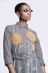 Shop_Shahin Mannan_Grey Thin Denim Embroidery Sunflower Collar Shirt Dress With Belt _Online_at_Aza_Fashions