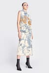 Shahin Mannan_Blue Thick Denim Embroidery Sunflower Collared Neck Vest _Online_at_Aza_Fashions