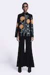 Shahin Mannan_Black Japanese Crepe Hand Embroidery Sunflower Collared Neck Cape With Pant _Online_at_Aza_Fashions