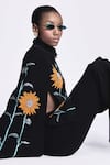 Shahin Mannan_Black Japanese Crepe Hand Embroidery Sunflower Collared Neck Cape With Pant _at_Aza_Fashions