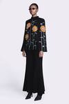 Shahin Mannan_Black Japanese Crepe Hand Embroidery Sunflower Collared Neck Cape _Online_at_Aza_Fashions