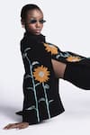 Shop_Shahin Mannan_Black Japanese Crepe Hand Embroidery Sunflower Collared Neck Cape _Online_at_Aza_Fashions