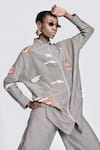 Shop_Shahin Mannan_Grey Chambray Embroidery Big Ben Collared Neck Fish Patch Overshirt With Pant _Online_at_Aza_Fashions