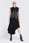 Buy_Shahin Mannan_Black Japanese Crepe Embroidery Lady Bug Collared Neck Hand Vest With Skirt _at_Aza_Fashions