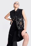 Shahin Mannan_Black Japanese Crepe Embroidery Lady Bug Collared Neck Hand Vest With Skirt _at_Aza_Fashions