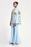 Shahin Mannan_Blue Thin Washed Denim Embroidery Sunflower Collared Neck Cape With Pant _Online_at_Aza_Fashions