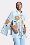 Buy_Shahin Mannan_Blue Thin Washed Denim Embroidery Sunflower Collared Neck Cape With Pant _Online_at_Aza_Fashions