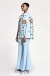 Shahin Mannan_Blue Thin Washed Denim Embroidery Sunflower Collared Neck Cape _Online_at_Aza_Fashions