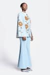 Buy_Shahin Mannan_Blue Thin Washed Denim Embroidery Sunflower Collared Neck Cape _Online_at_Aza_Fashions