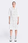 Buy_Shahin Mannan_Ivory Japanese Crepe Embroidery Distorted Chequered Collared Neck Dress _at_Aza_Fashions