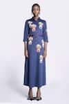 Shahin Mannan_Blue Double Crepe Embroidered Inkpot Collared Long Shirt Dress _Online_at_Aza_Fashions