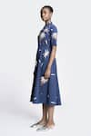 Shahin Mannan_Blue Double Crepe Embroidered Leaf Shawl Collar Dress _Online_at_Aza_Fashions